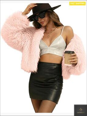 Cropped Faux Fur Jacket Shaggy Crewneck Long Sleeve Chic Winter Coat
